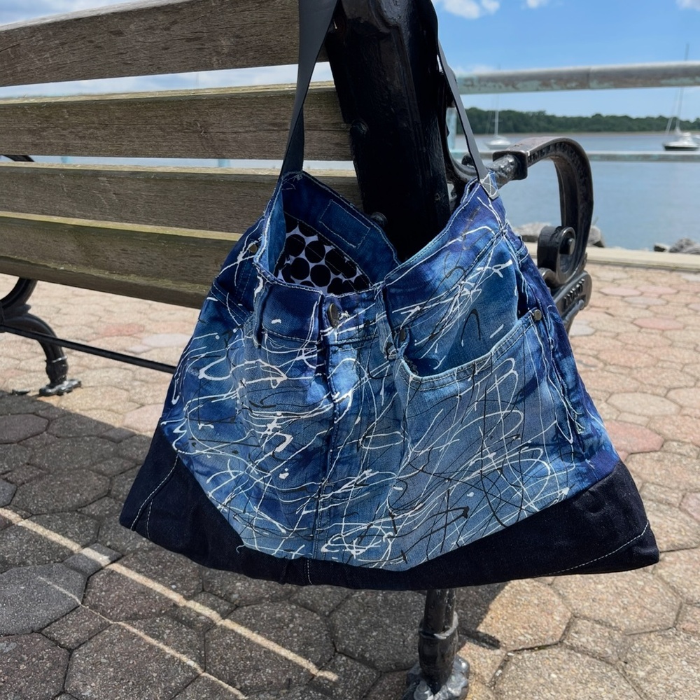 Stylish Extra Large Blue Hand Painted Denim  Bag